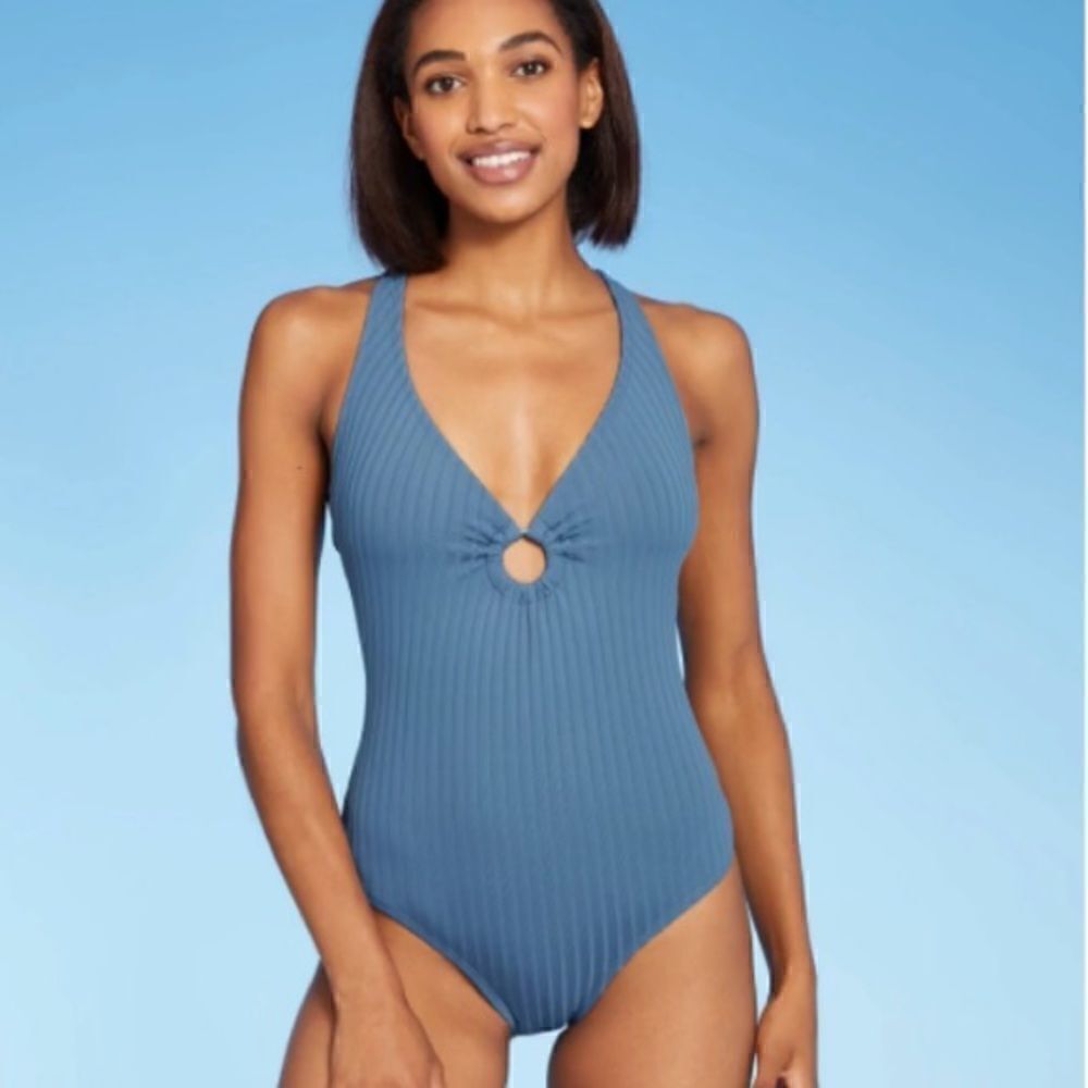 Kona Sol Blue Textured Stripe Ring Front Tie Back One Piece Bathing Suit